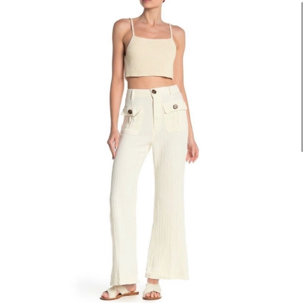 Free People NEW White Boca Bell Linen High Rise Wide Leg Flare Pants